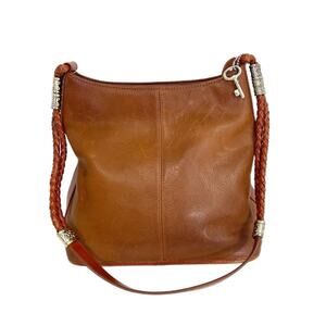 Fossil Brown Leather Bucket Bag Boho Medium Shoulder 3 Compartments Braided